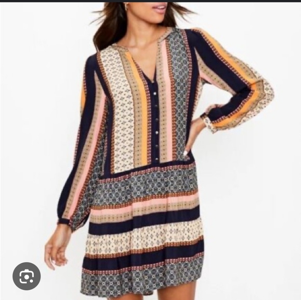 NWT LOFT Patchwork Tiered Long Sleeve Mini Dress Boho Cottage Summer